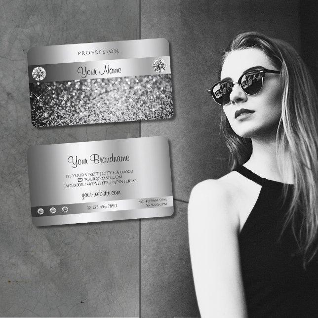 Cartão De Visita Glitter de prata elegante com qualidade de joias d (Criador carregado)