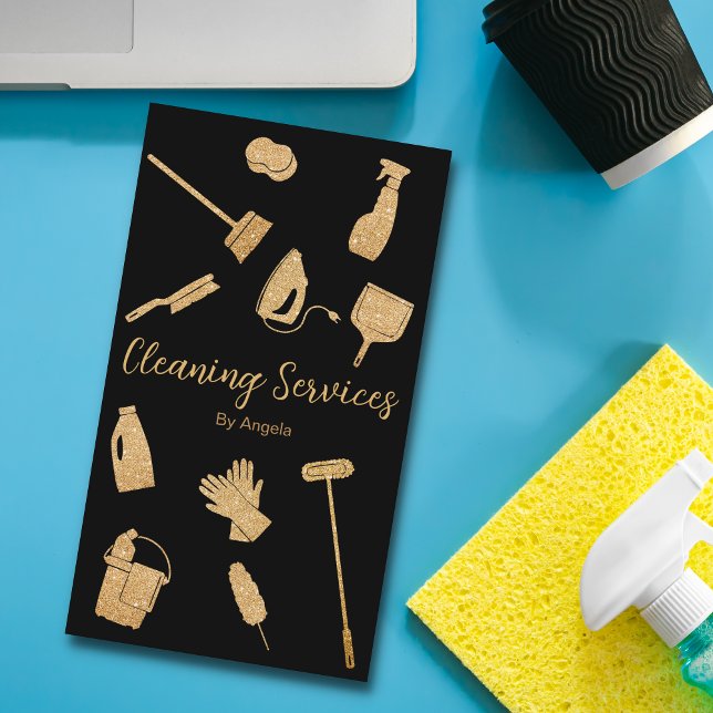 Cartão De Visita Glitter dos Serviços de Limpeza Dourada Vertical P (Criador carregado)