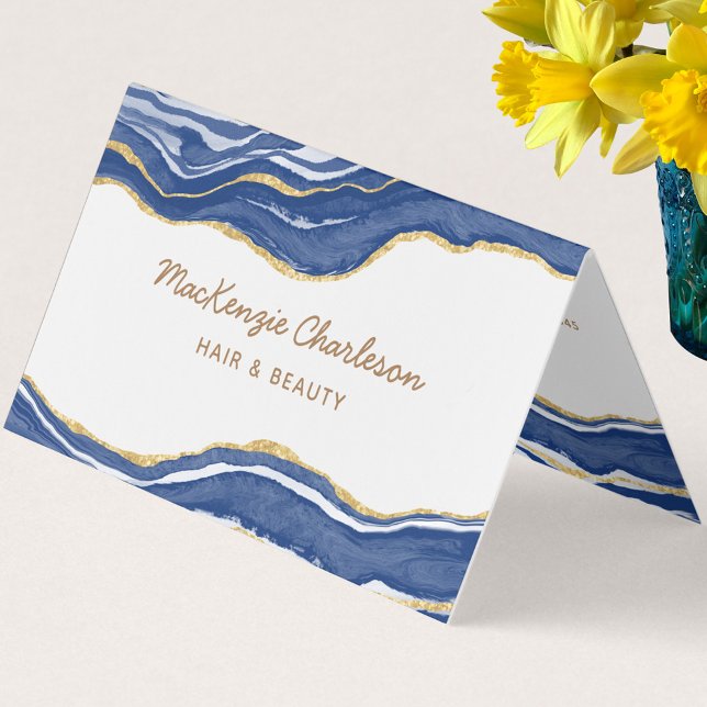 Cartão De Visita Glitter Dourado de Agato de Marble Azul (Navy indigo blue marble agate business card)