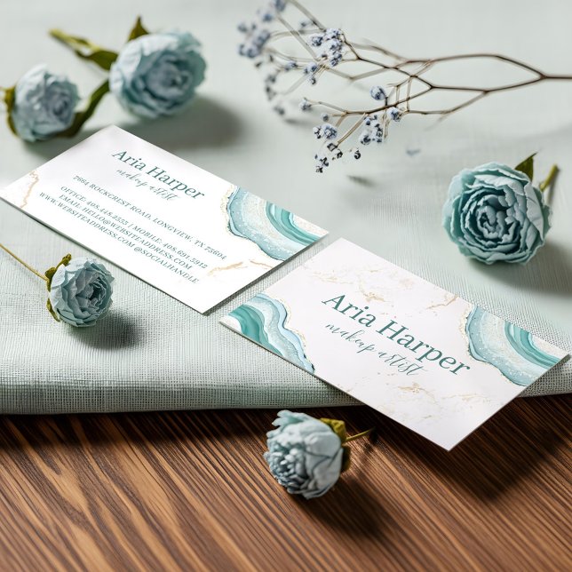 Cartão De Visita Glitter Dourado de Geodo Verde Elegante (Elegant Mint Green Geode Gold Glitter Agate Business Card)