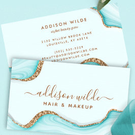 Cartão De Visita Glitter Dourado Elegante Aqua Marble Agate Chic Mo