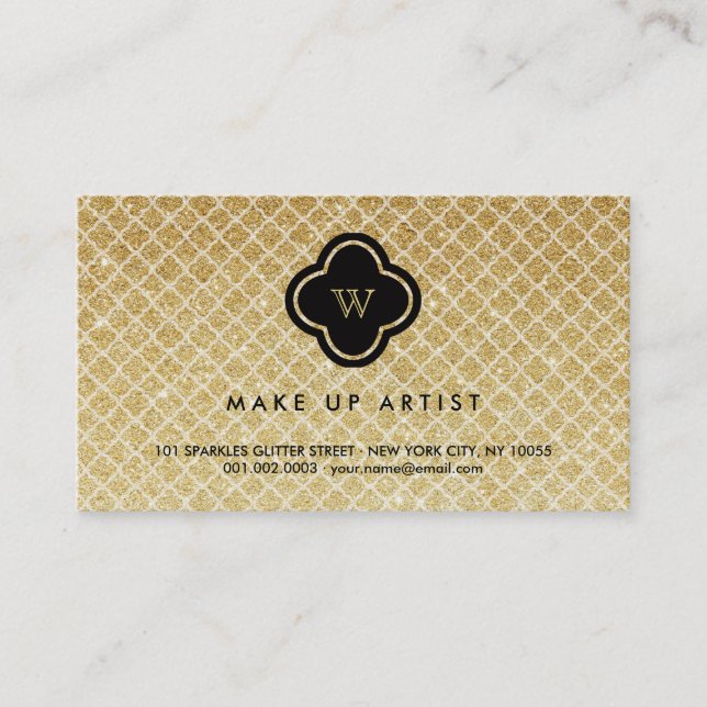 Cartão De Visita Glitter Dourado Monograma Quatrefoil (Frente)