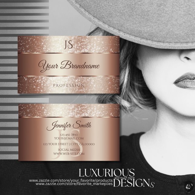 Cartão De Visita Glitter e Iniciais Dourados de Rosa Luxuriosos (Criador carregado)