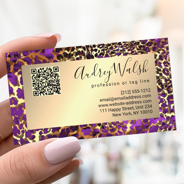 Cartão De Visita  Glitter Gold Luxury QR Code Animal Skin Leopard (Criador carregado)