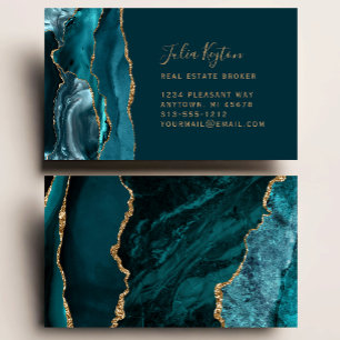 Cartão De Visita Glitter Imobiliário Dourado De Grelha Azul Teal