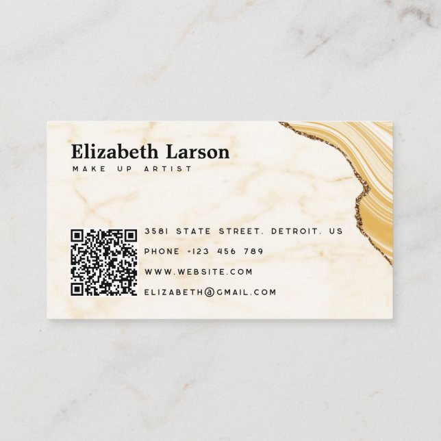 Cartão De Visita Glitter Moderno Dourado Mármore QR Maquiagem de Sa (Verso)