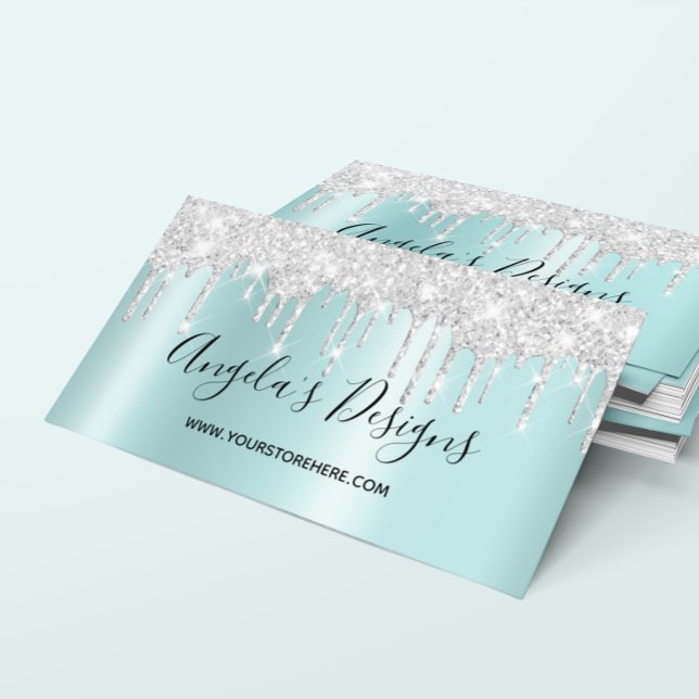 Cartão De Visita Glitter Prateado Esparso Coloca Turquesa Luz (Sparkly Silver Glitter Drips Light Turquoise Ombre Business Card)