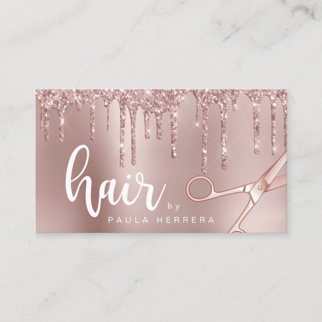 Cartão De Visita Glitter rosa de cobre elegante goteja de cabelo (Frente)