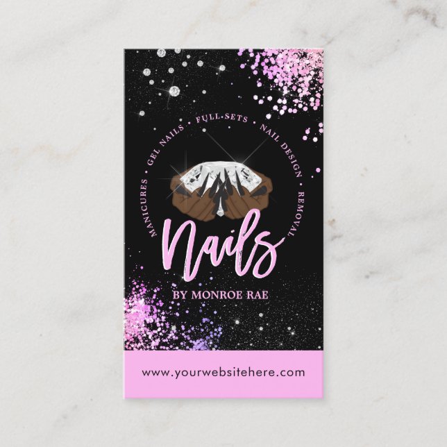 Cartão De Visita Glitter Rosa Diamond Luxury Nail Tech Salon (Frente)