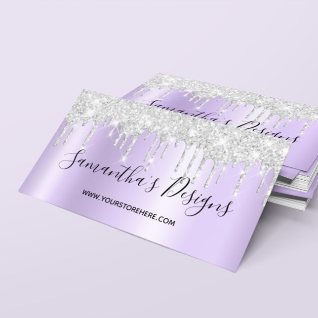 Cartão De Visita Glitter Silver Sparkly Coloca Lavanda Pálida (Sparkly Silver Glitter Drips Pale Lavender Ombre Business Card)