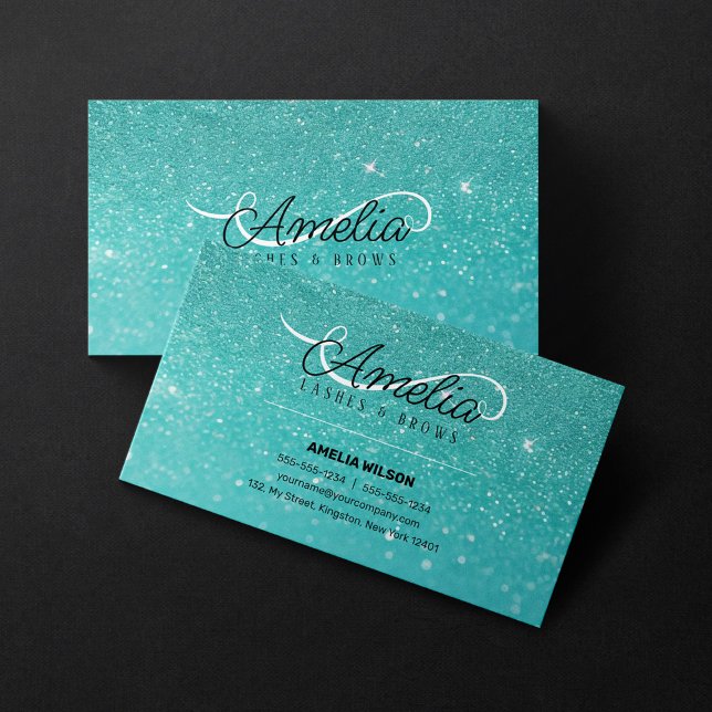 Cartão De Visita Glitter Teal Sparkles Lash Extensions Mascara (Criador carregado)