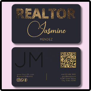 Cartão De Visita Glittery Preto Dourado Monograma Moderno QR Corret