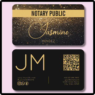 Cartão De Visita Glittery Preto Dourado Monograma Moderno QR Notary