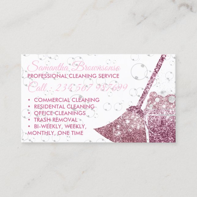 Cartão De Visita Glitz Pink Luxury Limpeza Maid Janitorial (Frente)
