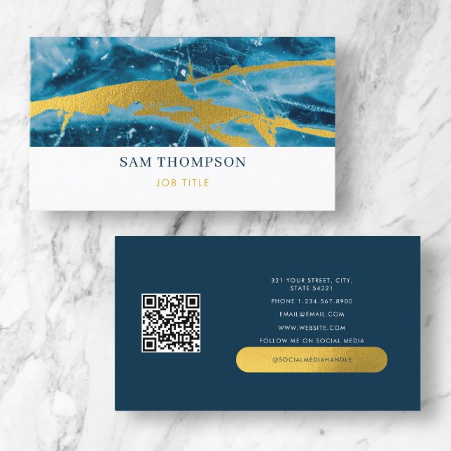 Cartão De Visita Gode Agate Blue Dourado Mídia Social Código QR (Criador carregado)