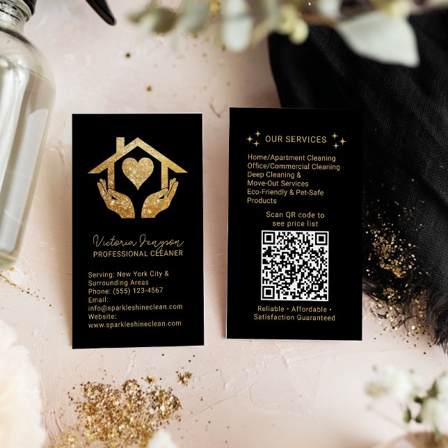 Cartão De Visita Gold Black Cleaning Service Maid QR Code Logo (Gold Black Cleaning Service Maid QR Code Logo Business Card)