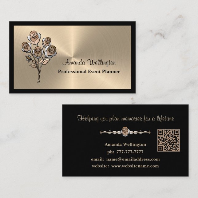 Cartão De Visita Gold & Black Floral QR Code Business Card (Frente/Verso)