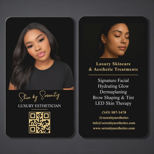 Cartão De Visita Gold Esthetician QR Code Luxury Black Beauty (Criador carregado)