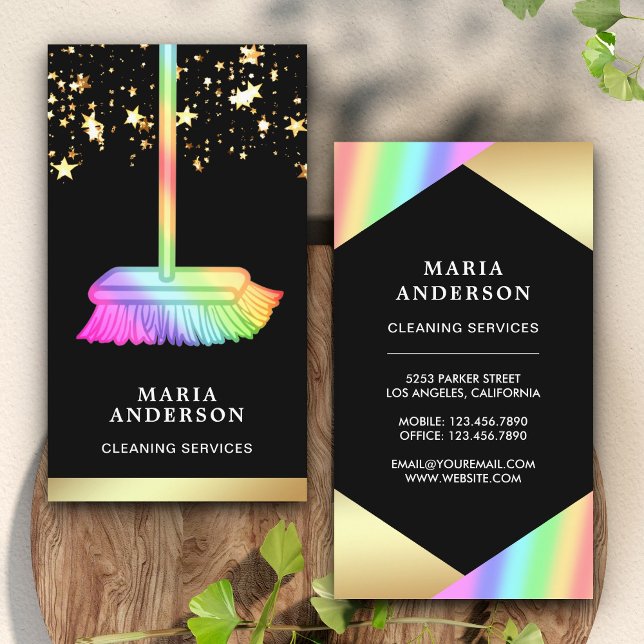 Cartão De Visita Gold Foil Confetti Rainbow Broom Clearing Services (Criador carregado)