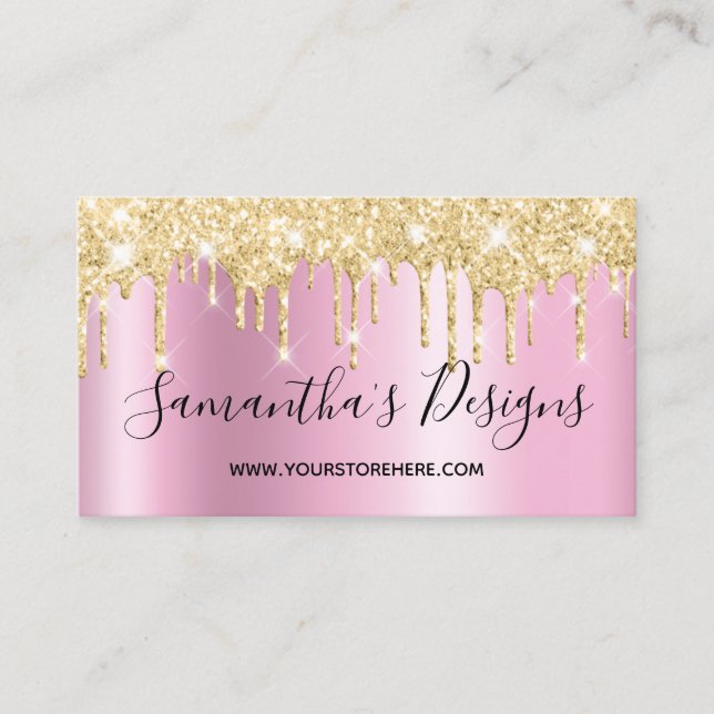 Cartão De Visita Gold Glitter Drips Pink Shimmer Online Store (Frente)