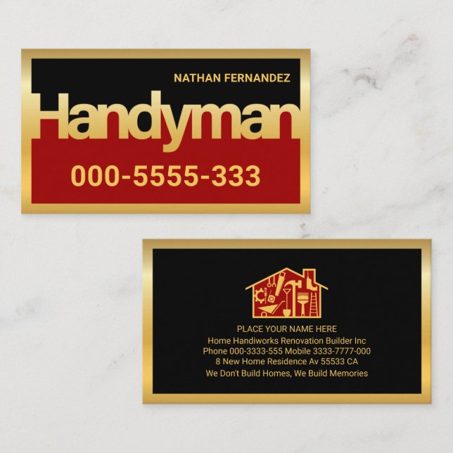 Cartão De Visita Gold Handyman Signage Frame Builder  (Frente/Verso)