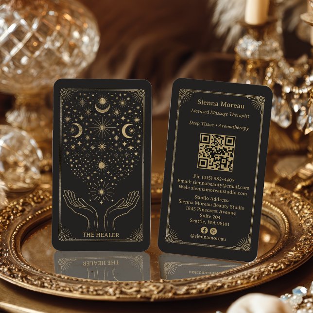Cartão De Visita Gold Retro Celestial Tarot Massage Reiki QR (Gold Retro Celestial Tarot Massage Reiki QR Business Card)