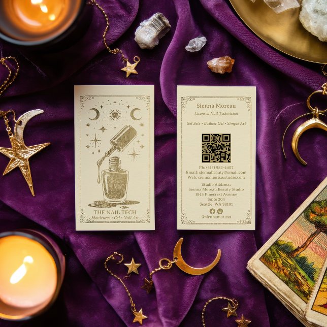 Cartão De Visita Gold Retro Celestial Tarot Nail artist QR Code (Gold Retro Celestial Tarot Nail artist QR Code Business Card)