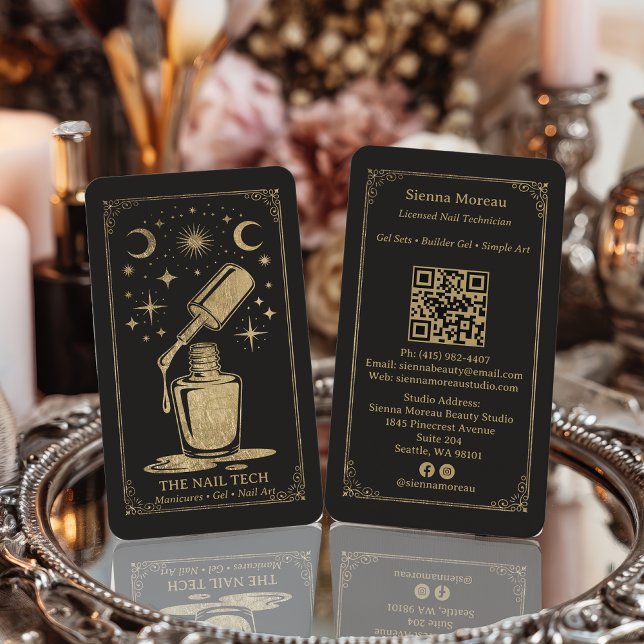 Cartão De Visita Gold Retro Celestial Tarot Nail artist QR Code (Gold Retro Celestial Tarot Nail artist QR Code Business Card)