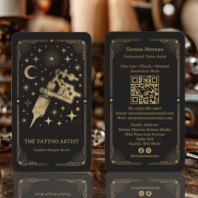Cartão De Visita Gold Retro Celestial Tarot Tattoo artist QR (Gold Retro Celestial Tarot Tattoo artist QR Business Card)