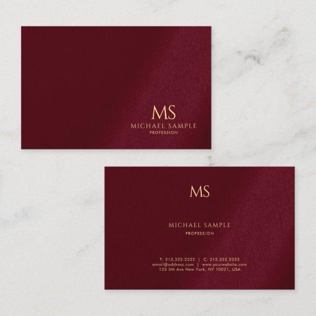 Cartão De Visita Gold Text Monogram Template Luxe Bordeaux Elegant (Frente/Verso)