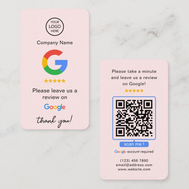Cartão De Visita Google Reviews rosa Código QR Business Revise-nos (Frente/Verso)