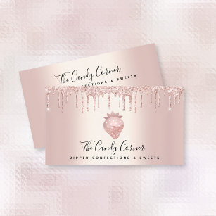 Cartão De Visita Gotas Douradas de Rosa de Confecção de Morango de 