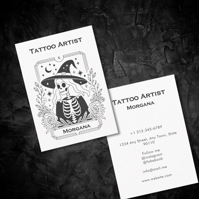 Cartão De Visita Gótica Tarot Esqueleto Místico Celestial Celestial (Gothic Tarot Skeleton Mystical Celestial Floral Business Card)