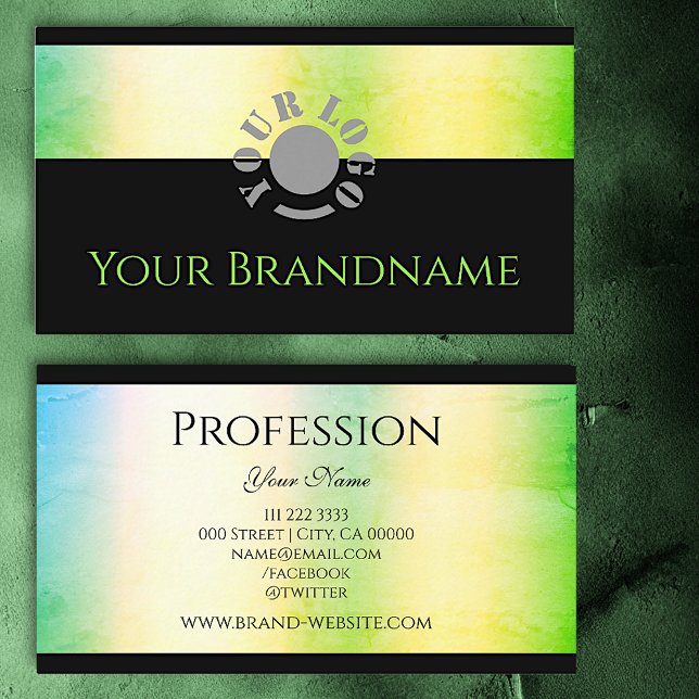 Cartão De Visita Gradiente de Ombre Amarelo Verde Shimmery Preto (Criador carregado)