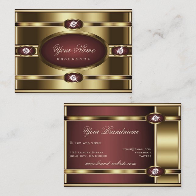 Cartão De Visita Gradiente Dourado de Borgonha e Rinoestonas Faux (Frente/Verso)