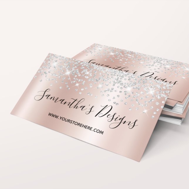 Cartão De Visita Gradiente Dourado do Rosa da Lente de Prata Confet (Silver Confetti Glitter Rose Gold Gradient Business Card)