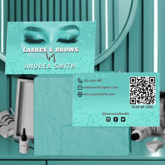 Cartão De Visita Gradiente Lashes Teais Brows Makeup Artista Código (Criador carregado)