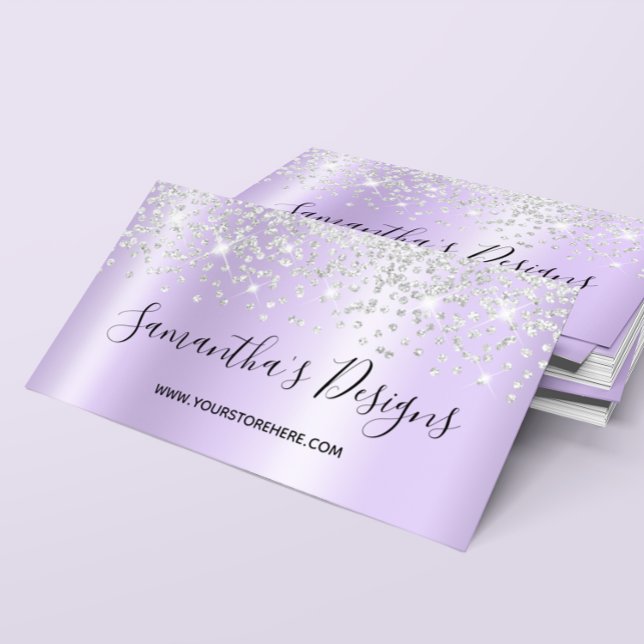 Cartão De Visita Gradiente Lavanda com Glitter de Confete Prateado (Silver Confetti Glitter Lavender Gradient Business Card)