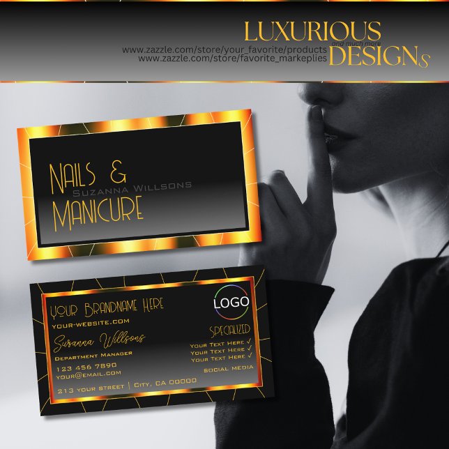 Cartão De Visita Gradiente Preto de Quadro Laranja Casual com Logot (Criador carregado)