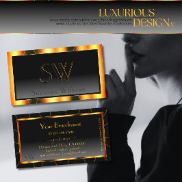 Cartão De Visita Gradiente Preto de Quadro Laranja Casual com Monog