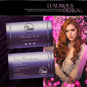 Cartão De Visita Gradiente Roxo Elegante com Logotipo e Rinestones
