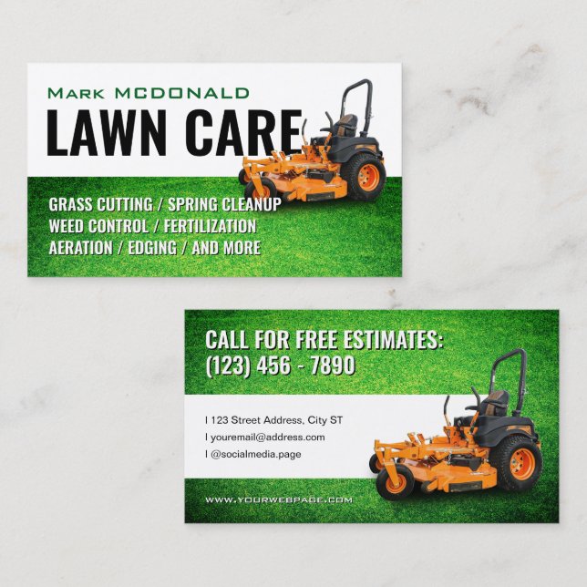Cartão De Visita Grass cover and mower lawn care Business Card (Frente/Verso)