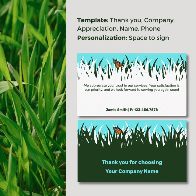 Cartão De Visita Gratidão da Natureza: 🦋 🌿 Borboleta Agradeço (Nature's Gratitude: 🦋Lawn Butterfly Thank You Business Card, Space to Sign, Thank You For Choosing)