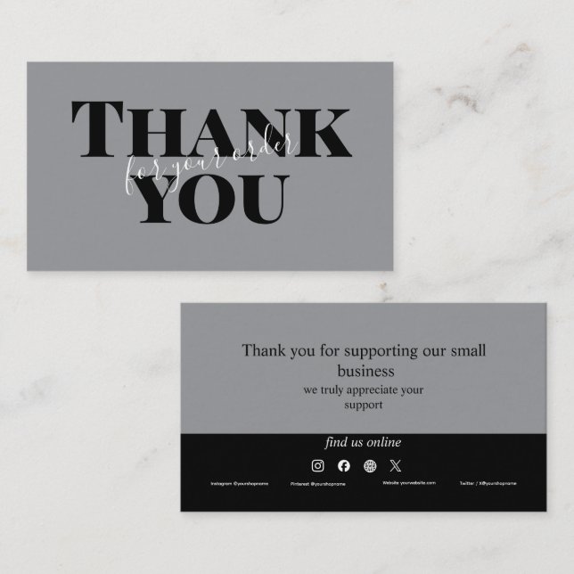 Cartão De Visita Gray Bold Thank You Card Social Media Small Busine (Frente/Verso)
