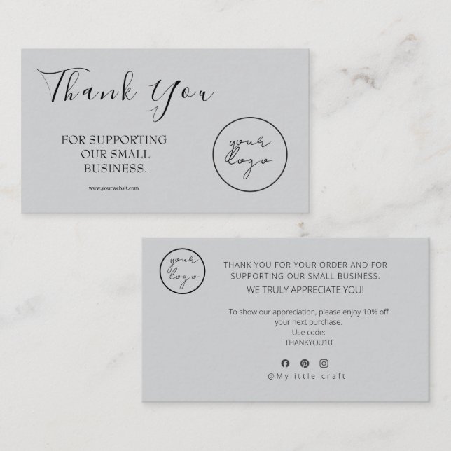 Cartão De Visita Gray Logo Script Thank You Card Discount Business (Frente/Verso)