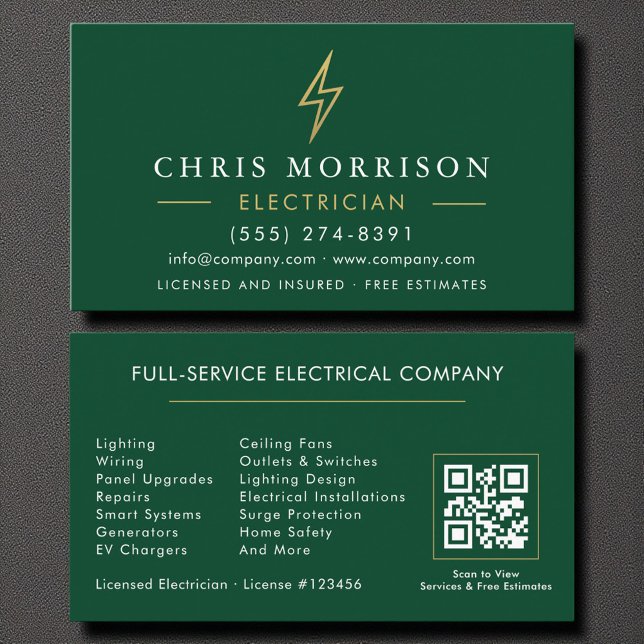 Cartão De Visita Green Gold Electrician QR Code Modern (Criador carregado)