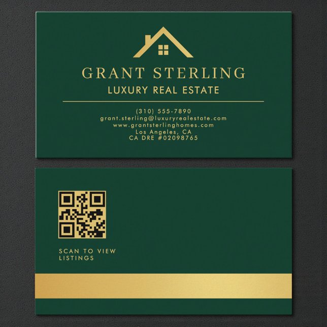 Cartão De Visita Green Gold QR Code Luxury Real Estate Agent (Criador carregado)