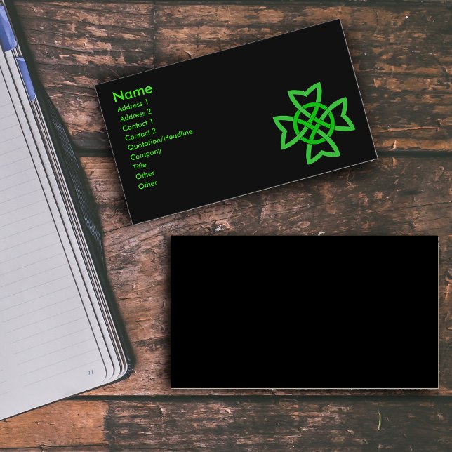 Cartão De Visita Green Irish Celtic Knot (Bright green Irish Celtic knot on black on business cards.)