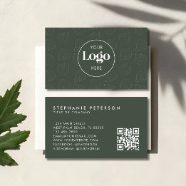 Cartão De Visita Green Minimalist Botanical Custom Logo QR Code