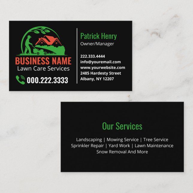 Cartão De Visita Green Orange Lawn Care Landscaping Services (Frente/Verso)